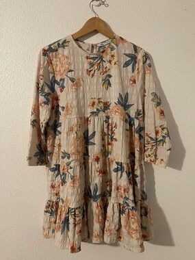 Zara- The Sharon Dress Cream Floral Textured Tiered Mini Dress Women's Medium